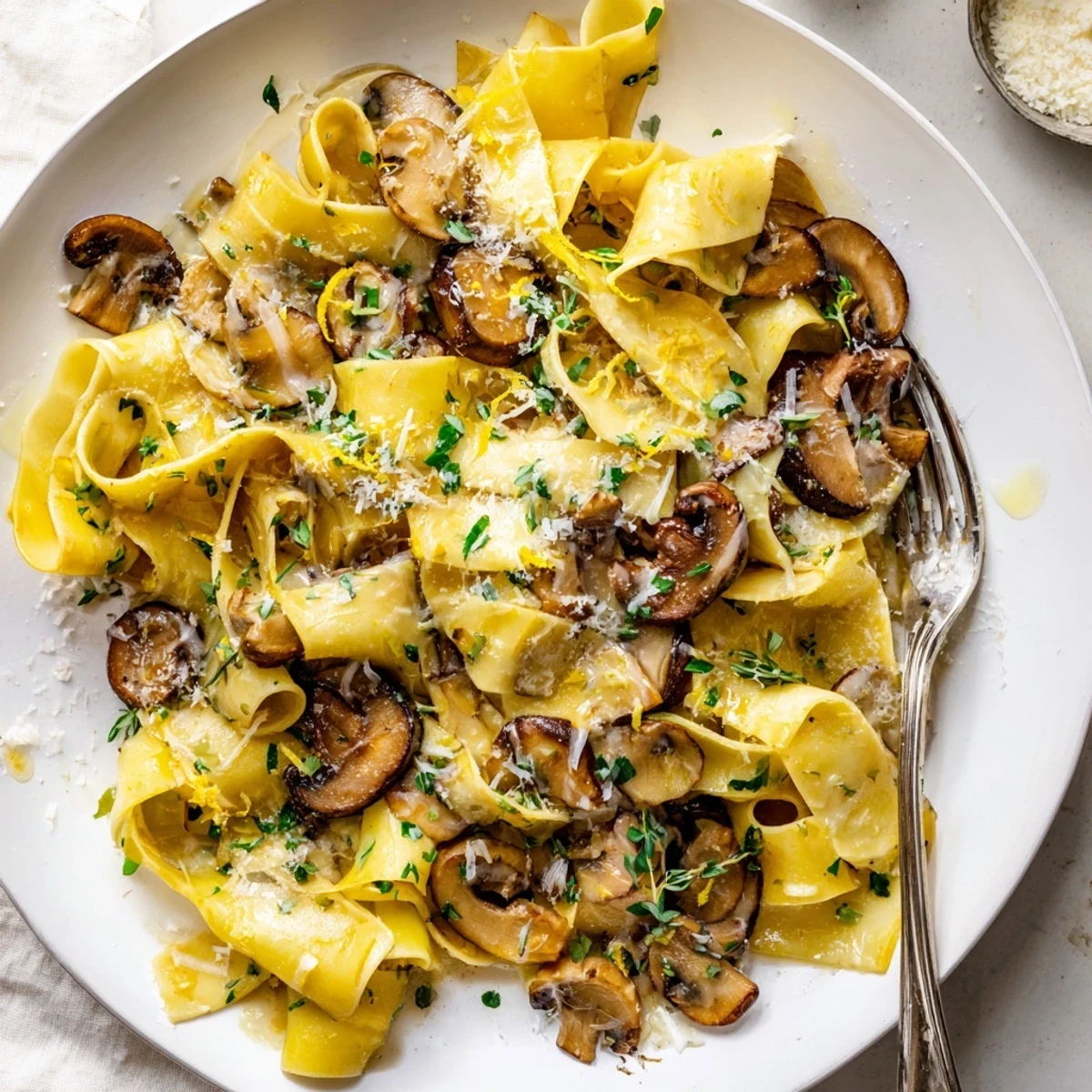 Creamy garlic butter mushroom pappardelle pasta dish topped with grated Parmesan and parsley
