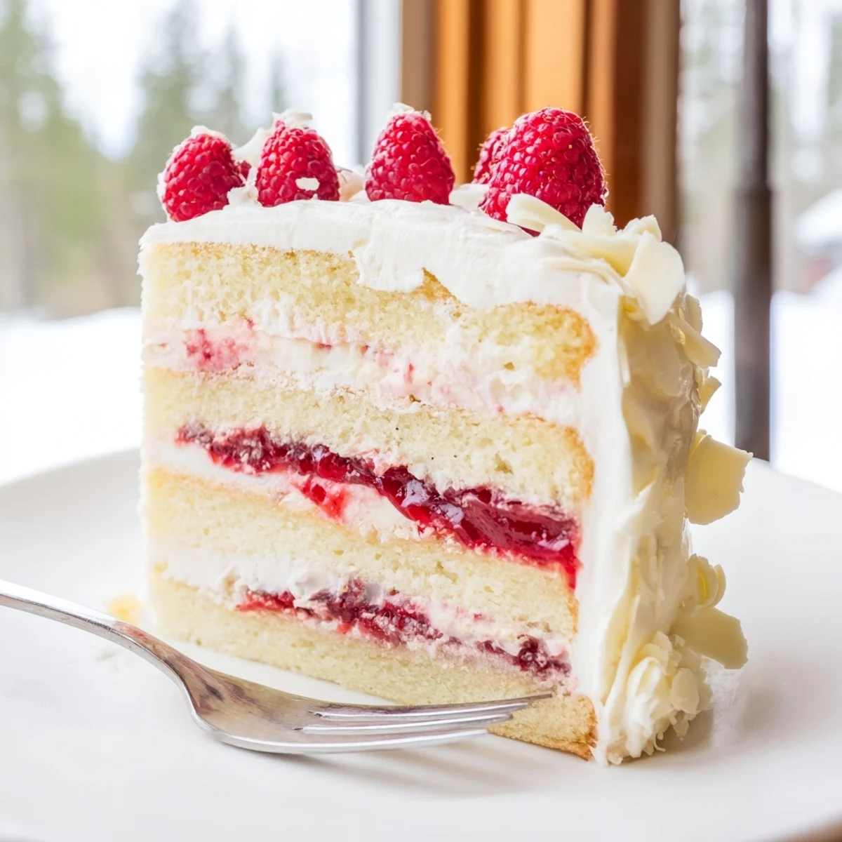 Decadent white chocolate raspberry cream cake layered with fluffy sponge and tart berry compote