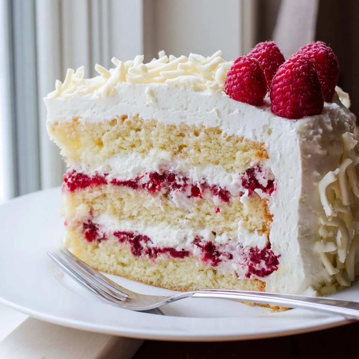 Slice of white chocolate raspberry cream cake showing vanilla layers and fresh red raspberry garnish
