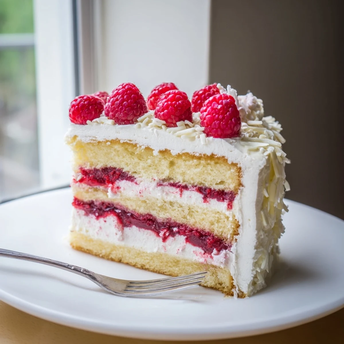 Elegant white chocolate raspberry cream cake topped with whipped cream and vibrant fresh berries
