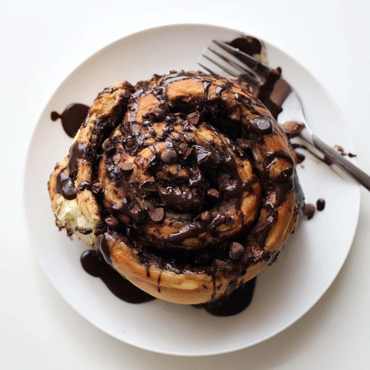 Soft double chocolate cinnamon rolls topped with decadent chocolate glaze on a rustic baking dish