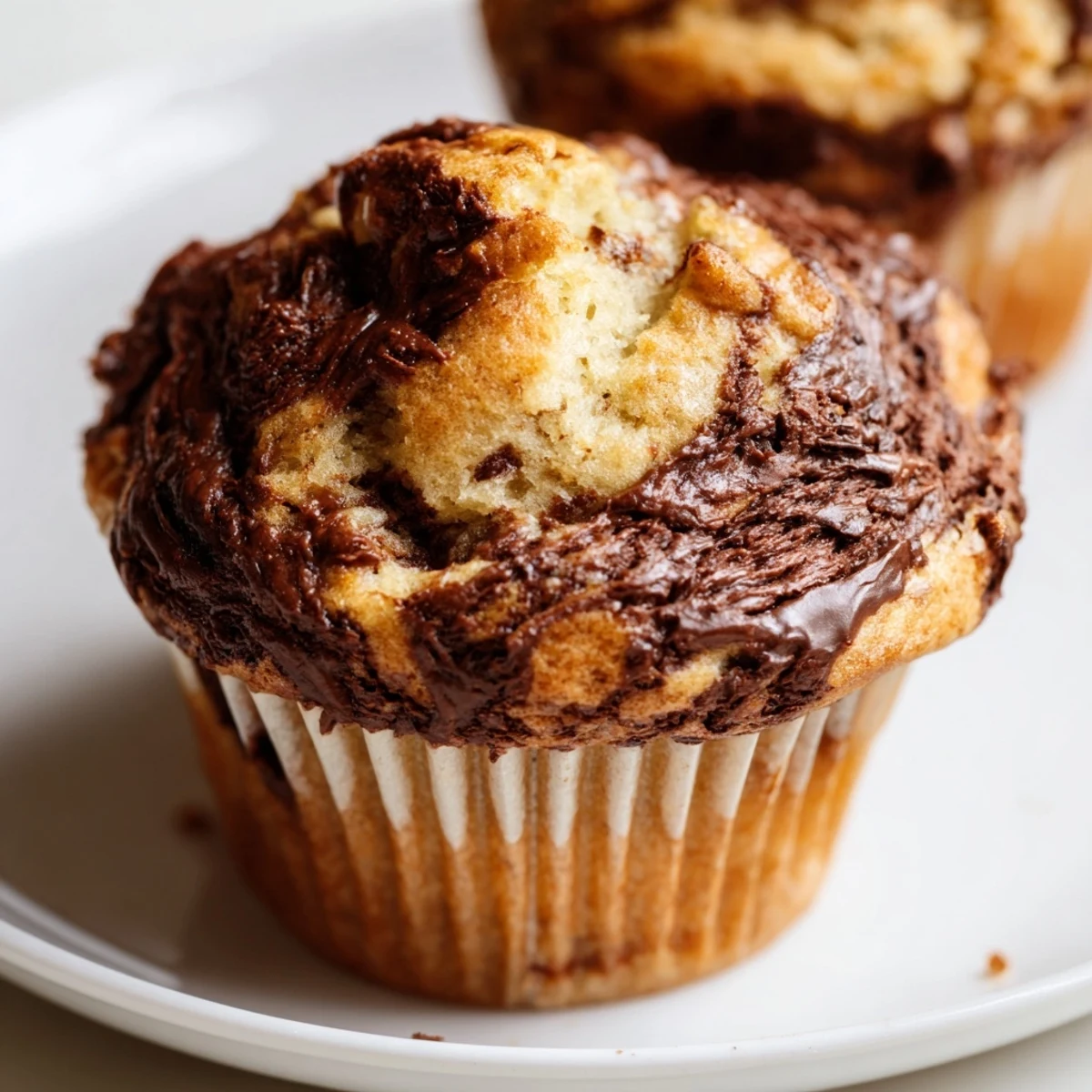 Golden Nutella banana muffins with a chocolate hazelnut swirl on a white plate
