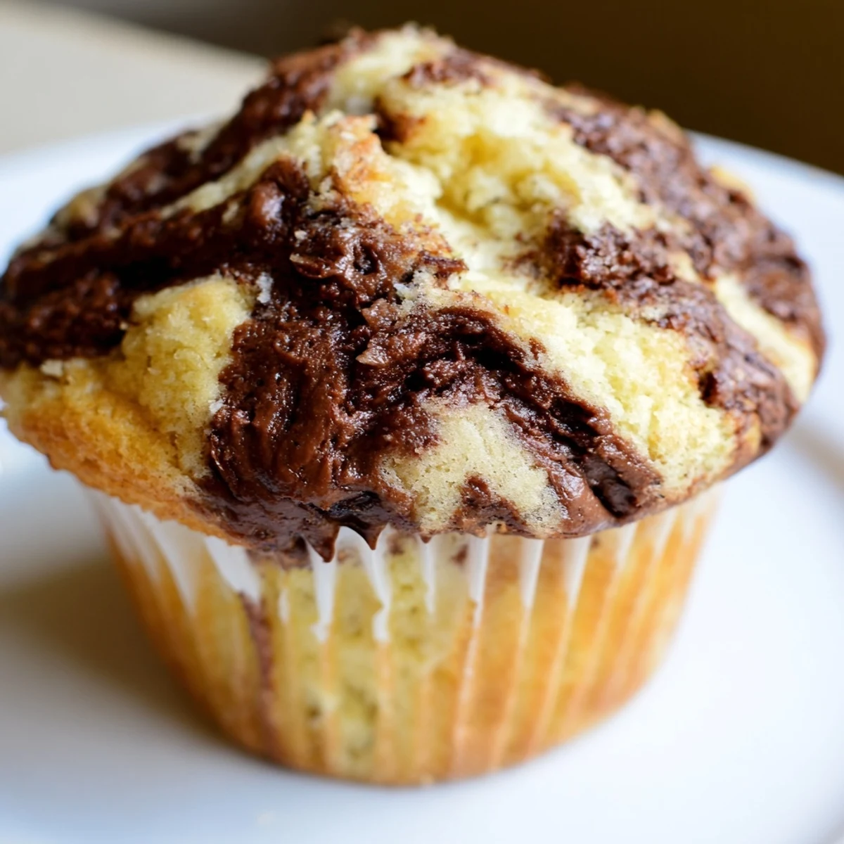 Freshly baked banana muffins topped with ribbons of creamy Nutella in a paper liner