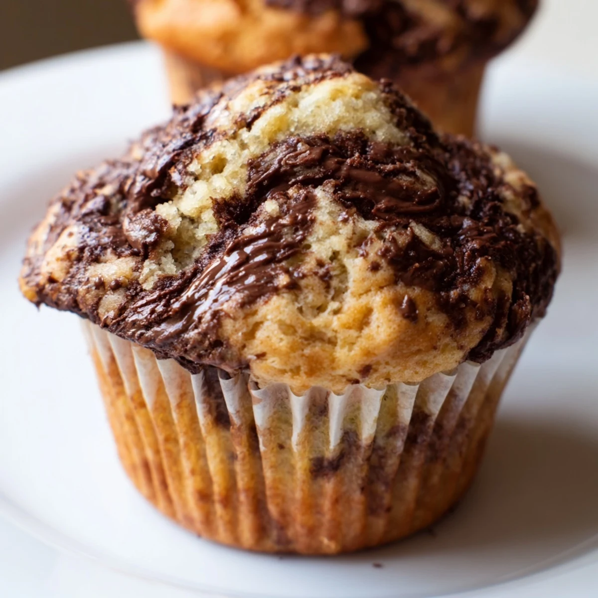 Moist breakfast muffins featuring mashed banana swirled with rich chocolate hazelnut spread