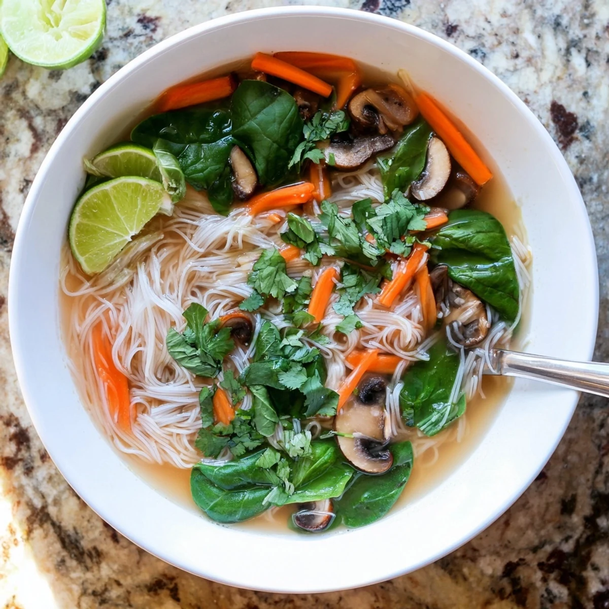 Steaming bowl of healing ginger garlic broth with rice noodles, fresh cilantro, and lime wedges.