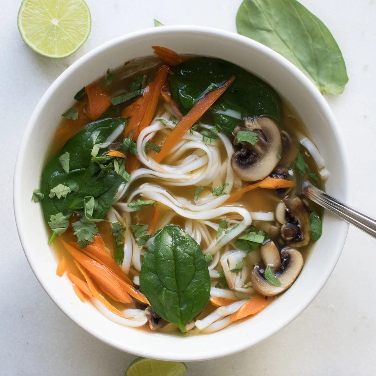 Comforting Asian-inspired noodle soup featuring aromatic ginger garlic broth, tender rice noodles, and vibrant herbs.