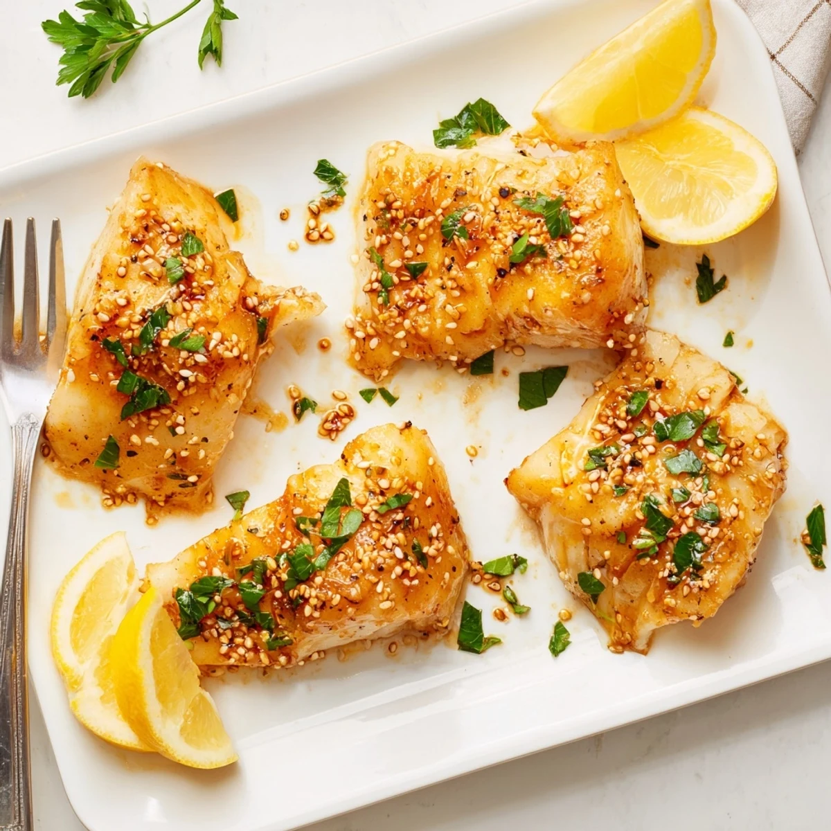 Golden baked cod fillets glazed with honey soy marinade on a white serving plate