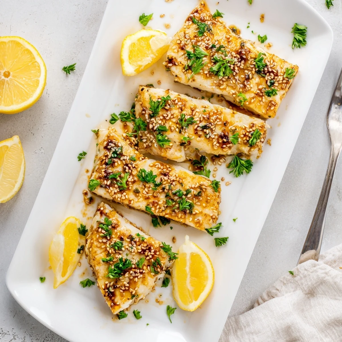 Tender baked cod with sweet honey soy sauce served with lemon wedges and rice
