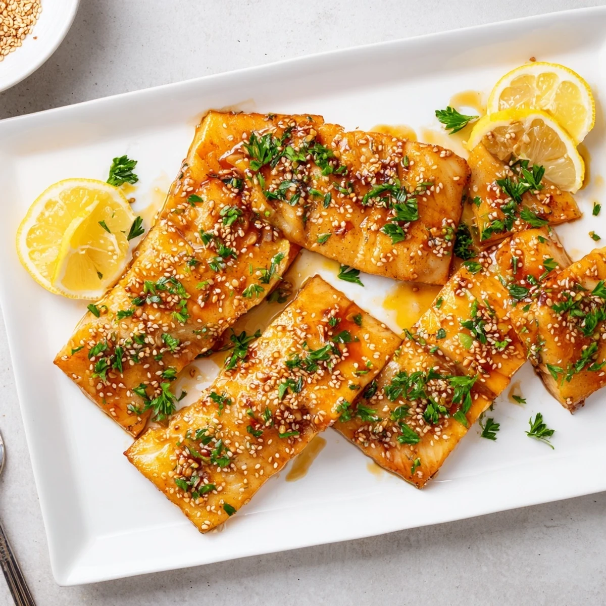 Flaky honey soy baked cod garnished with fresh parsley and sesame seeds for dinner