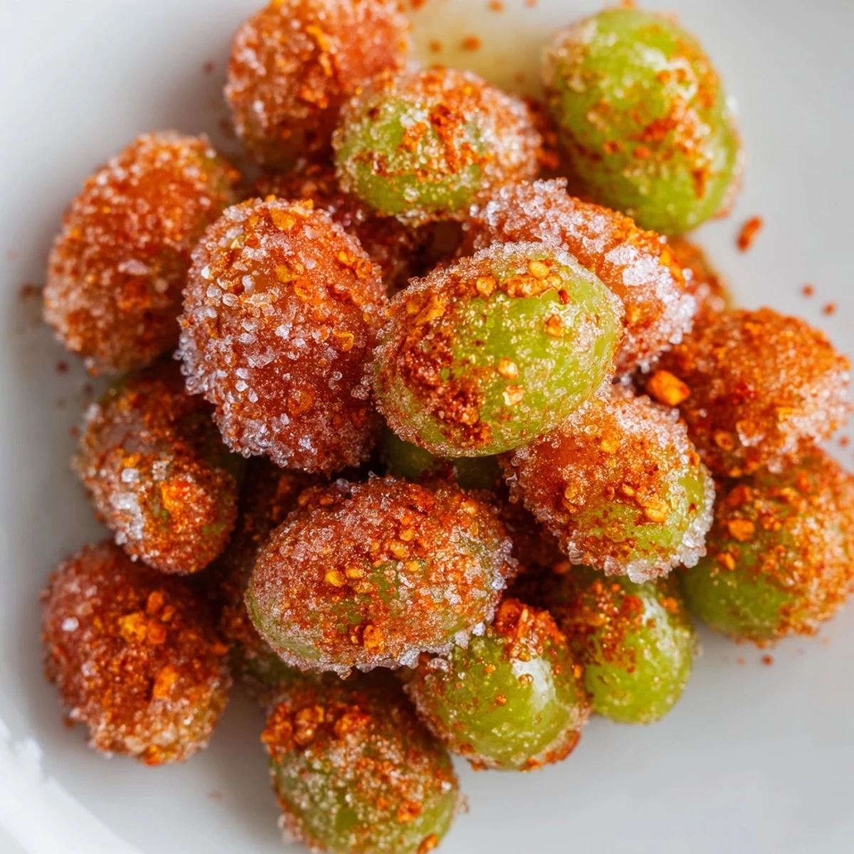 Close-up shot of frozen Tajín grapes arranged on a chilled plate with the spicy coating clearly visible