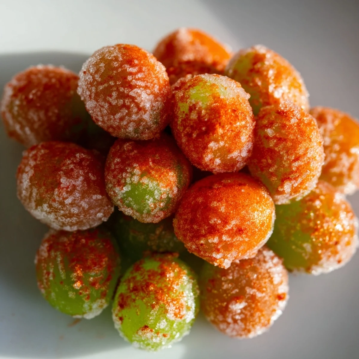 Frozen Tajín grapes displayed in a white bowl with vibrant red chili lime seasoning coating the green grapes