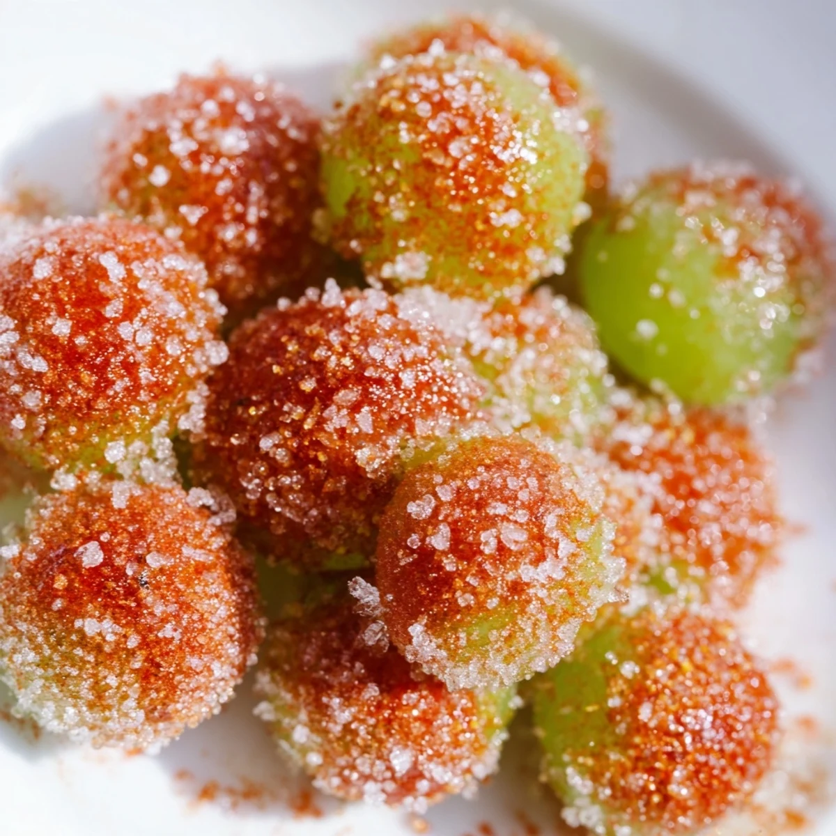 Bowl of refreshing frozen Tajín grapes garnished with extra lime wedges and a dusting of Tajín seasoning
