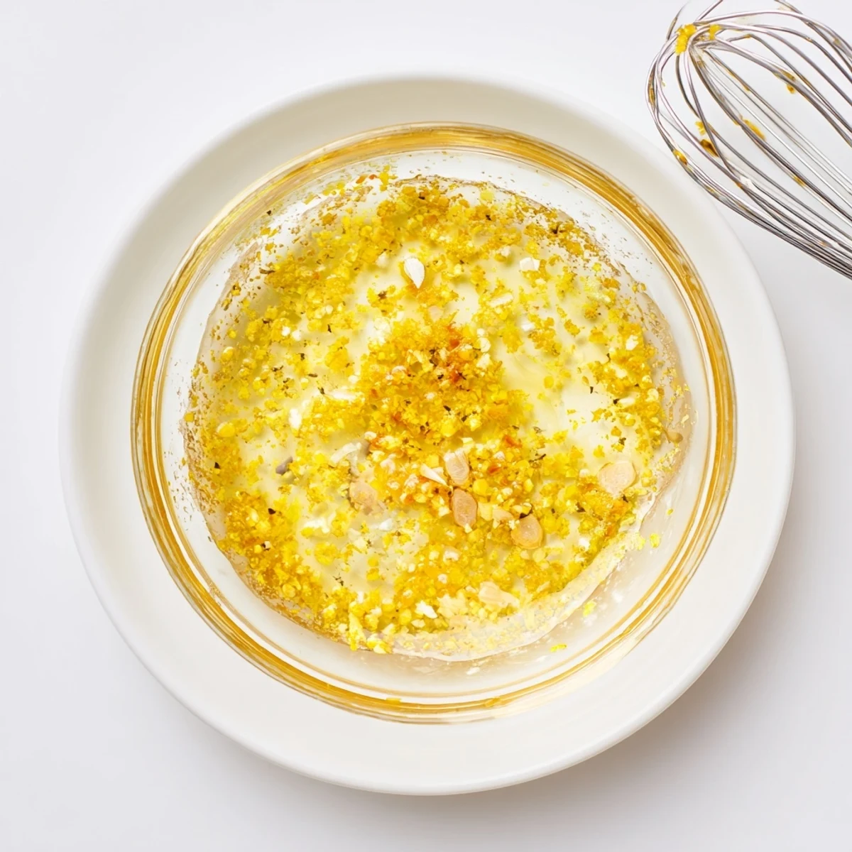 Golden honey lemon vinaigrette drizzled over fresh mixed greens in a white bowl