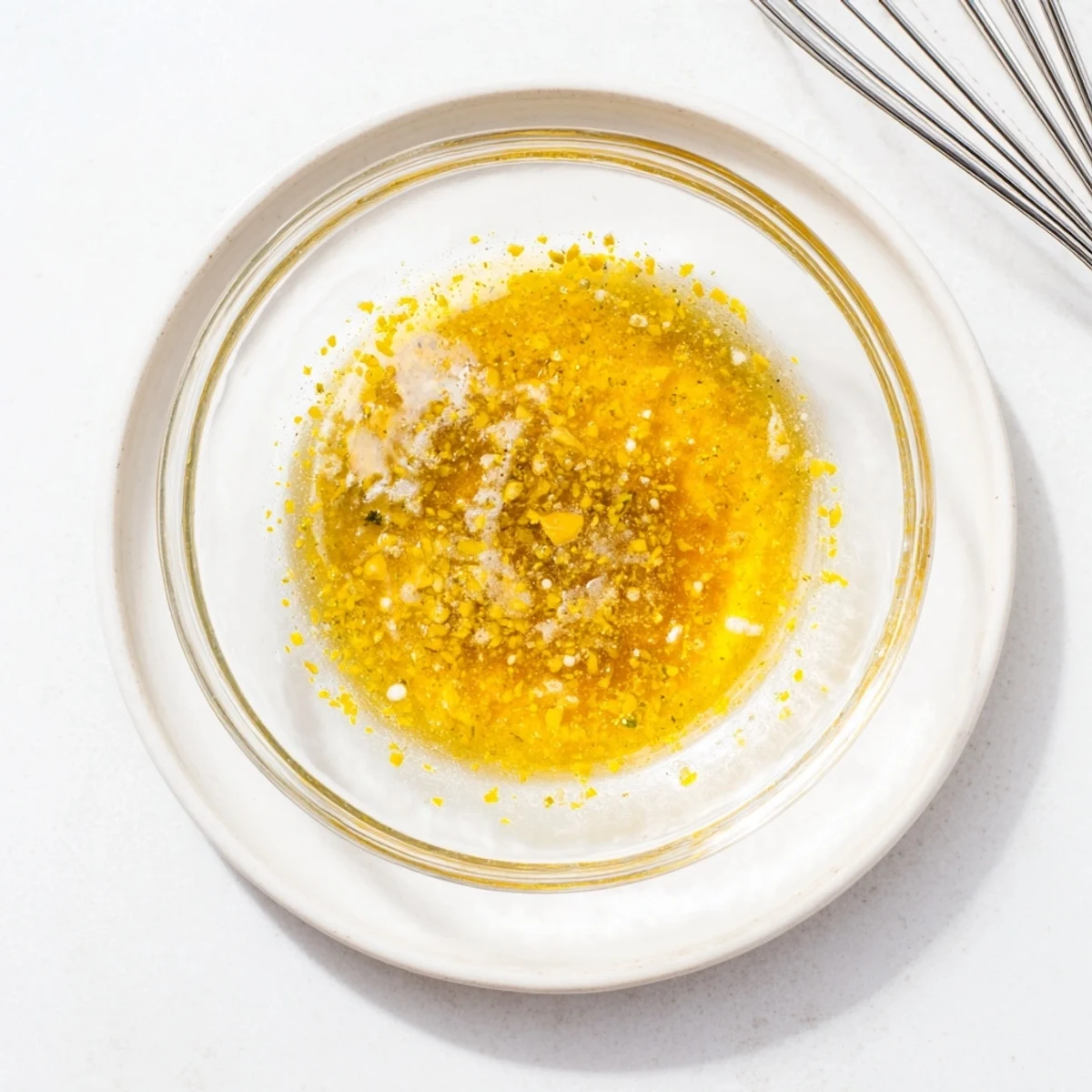 Tangy honey lemon vinaigrette emulsified in a glass jar with olive oil layers