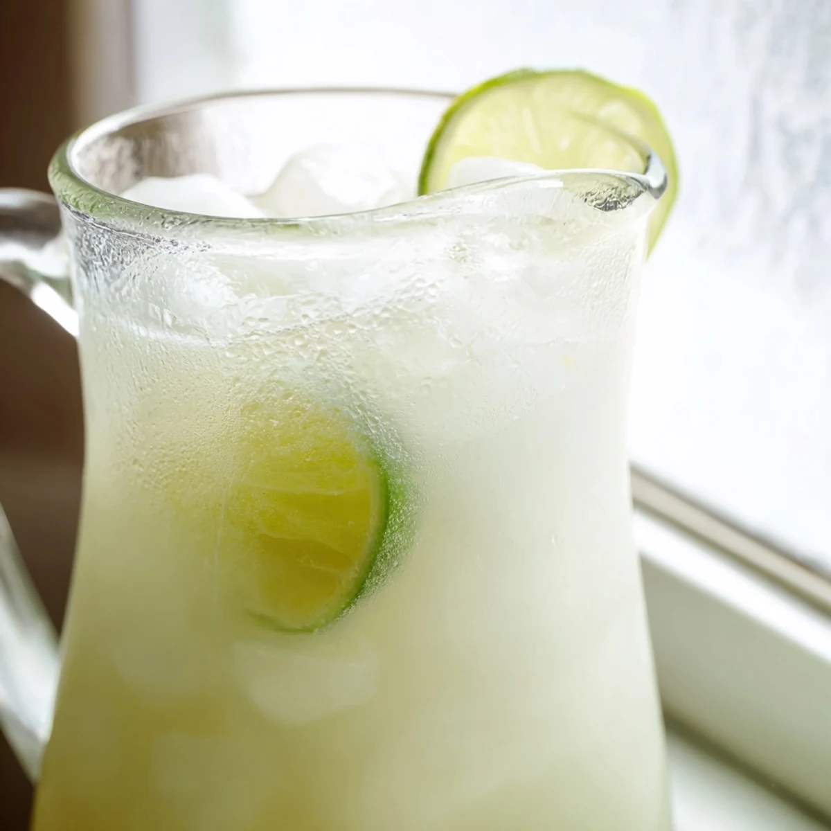 Glass pitcher filled with creamy Brazilian lemonade garnished with fresh lime slices on ice