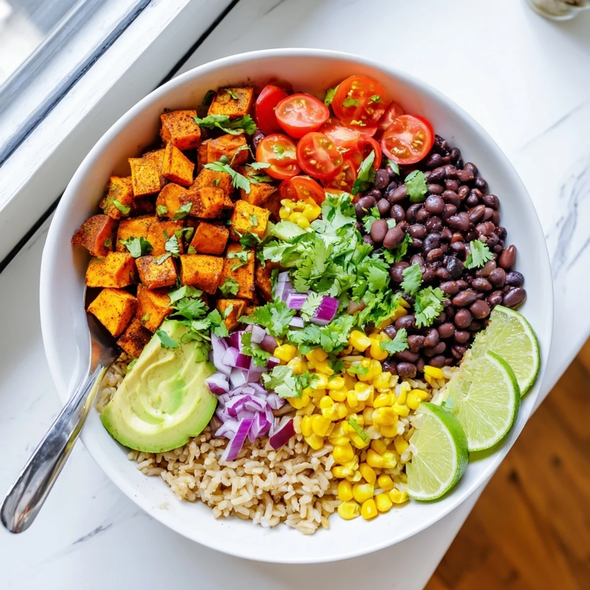 Vegan sweet potato burrito bowl featuring roasted spiced sweet potatoes over fluffy brown rice with black beans