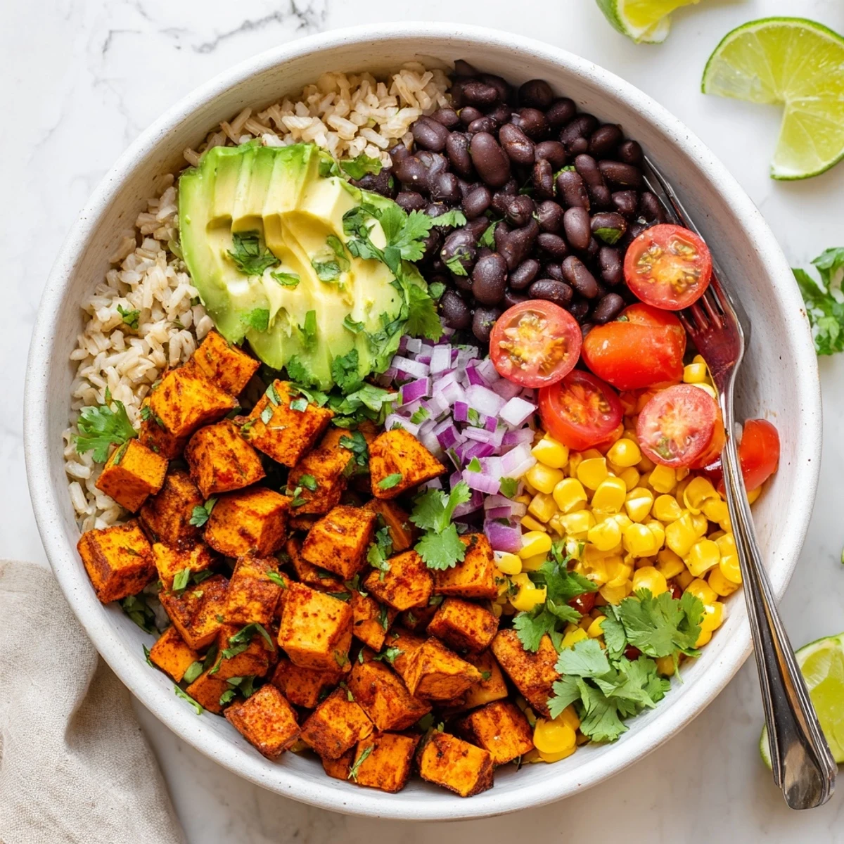 Colorful vegan sweet potato burrito bowl topped with fresh avocado, cilantro, cherry tomatoes, and zesty lime