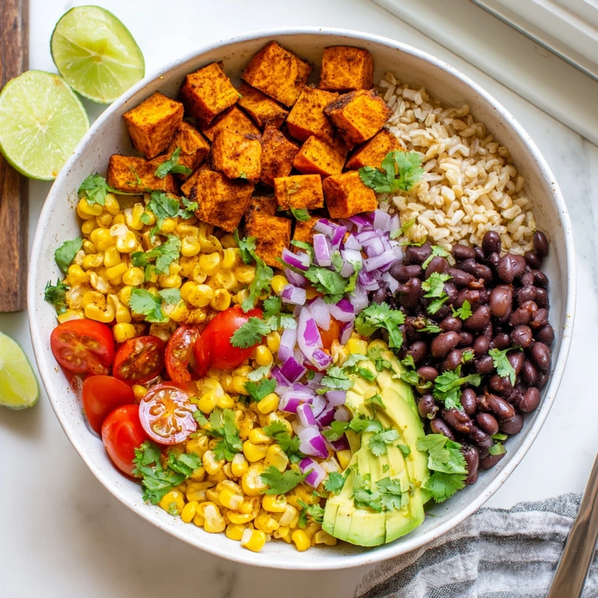 Hearty vegan sweet potato burrito bowl layered with seasoned beans, corn, and creamy avocado garnish