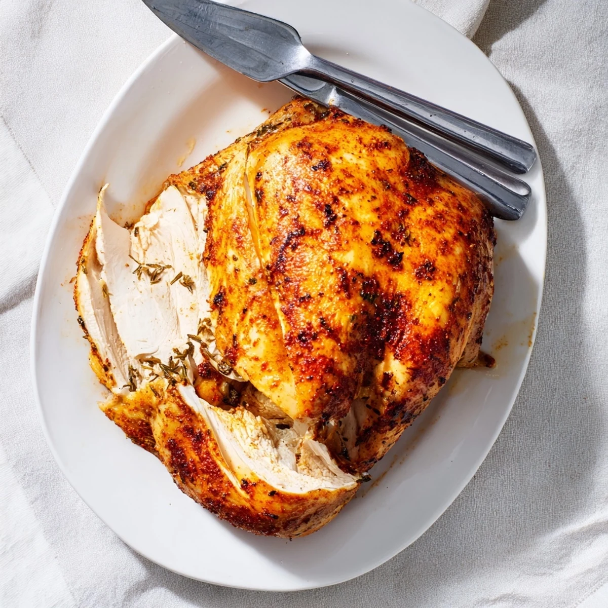 Golden whole rotisserie chicken with crispy seasoned skin resting on a carving board