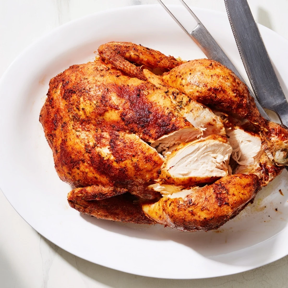 Succulent roasted rotisserie chicken with juicy meat and aromatic herbs ready for family dinner