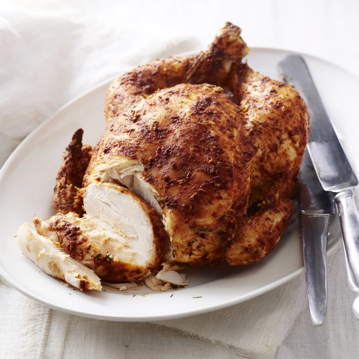 Tender homemade rotisserie chicken displaying golden brown skin and moist, flavorful meat