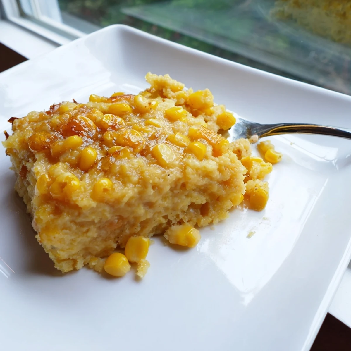 Golden honey glazed corn casserole with a caramelized top and tender kernels in creamy custard
