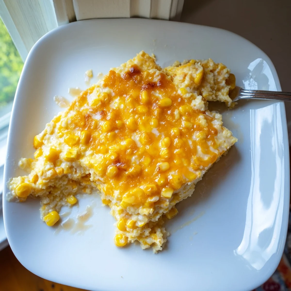 Spoonful of honey glazed corn casserole showcasing melted cheddar and golden brown baked crust