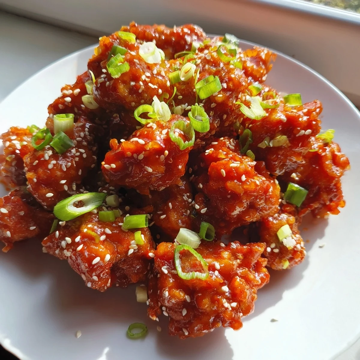 Golden chicken pieces glazed in shiny red sweet chili sauce sprinkled with sesame seeds
