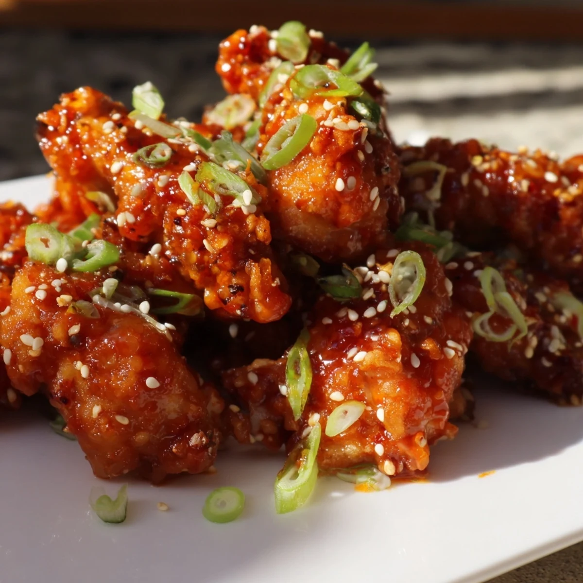 Tender sticky sweet chili chicken served over white rice with fresh green onion garnish