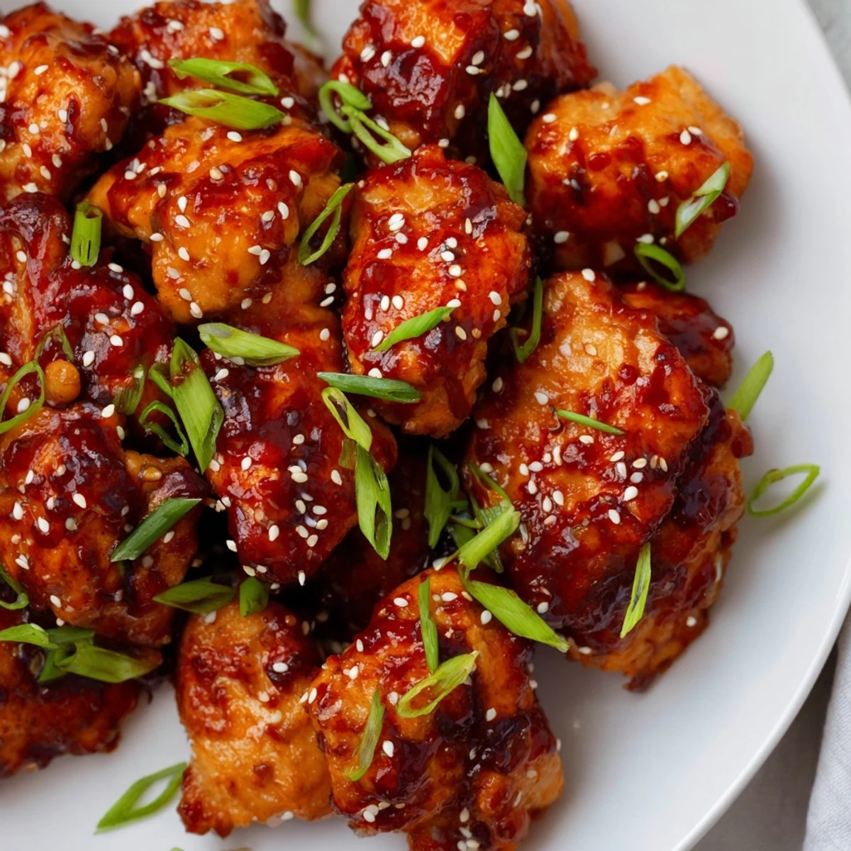 Bite-sized chicken coated in thick glossy sweet and spicy chili sauce on a white plate