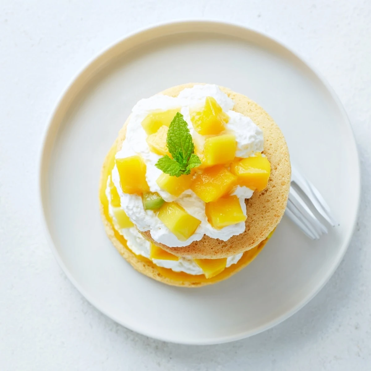 Golden mini mango yuzu chantilly cake layered with fluffy cream and fresh tropical fruit slices