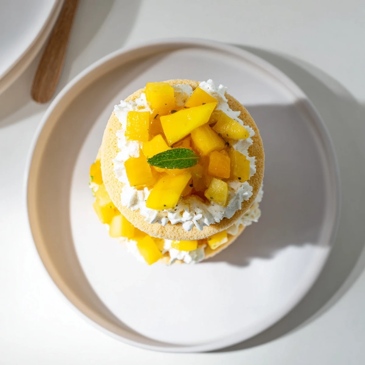 Elegant French-Japanese mango yuzu chantilly cake topped with mint and edible flowers on white plate