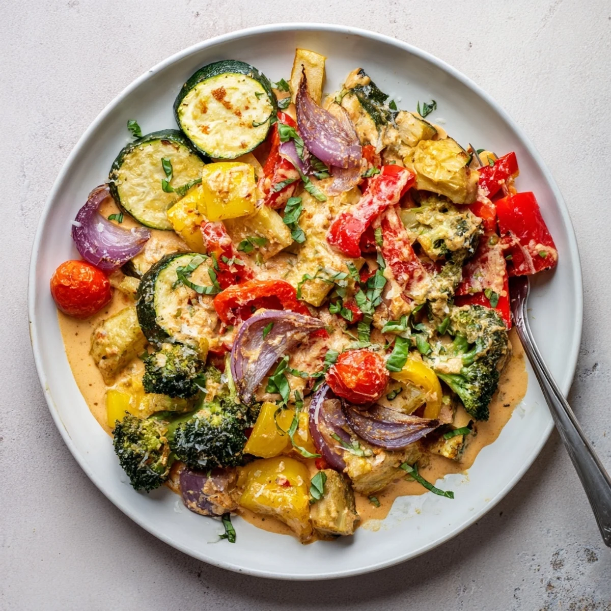 Golden roasted zucchini bell peppers and eggplant tossed in creamy sun-dried tomato sauce for Marry Me Roasted Vegetable Medley