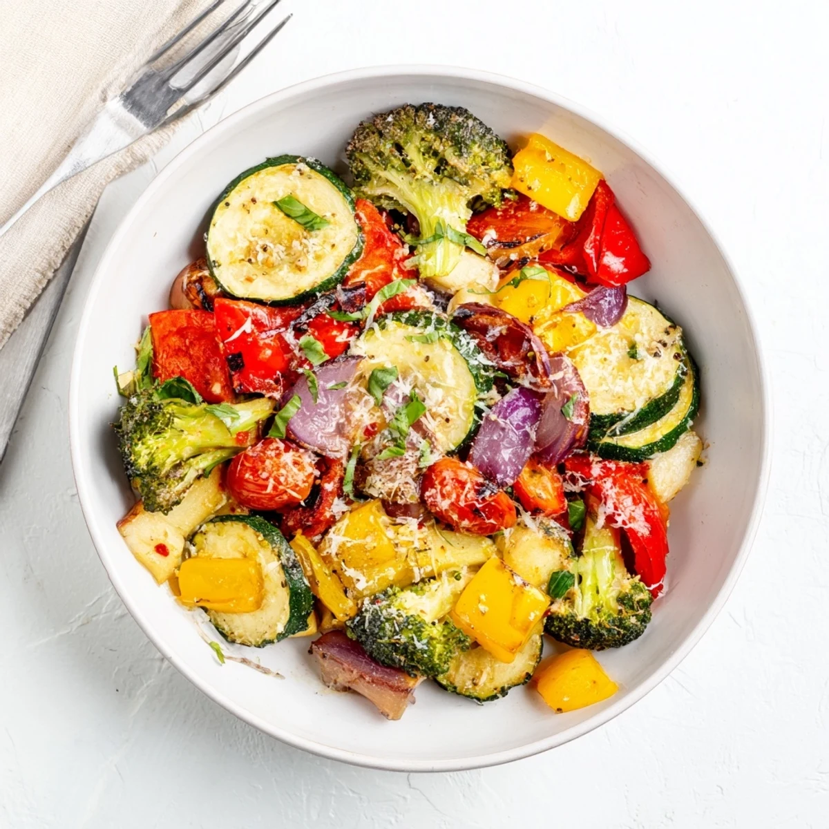 Colorful vegetable medley with broccoli and cherry tomatoes coated in rich Parmesan cream sauce ready to serve