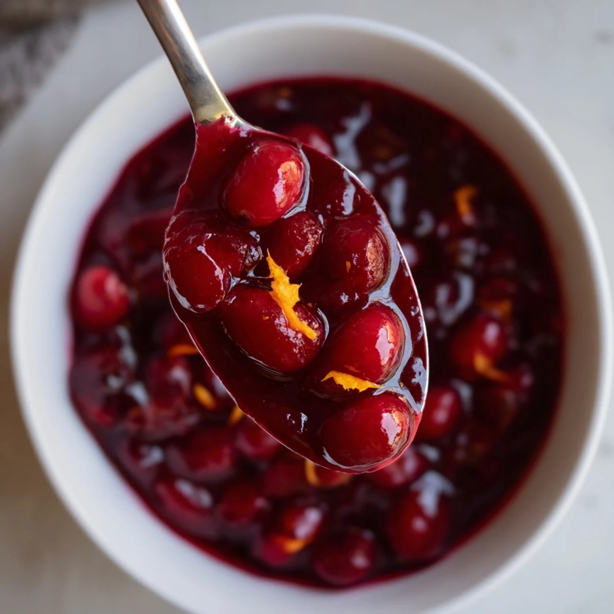 Glossy homemade cranberry sauce with ruby red whole berries in a white serving bowl