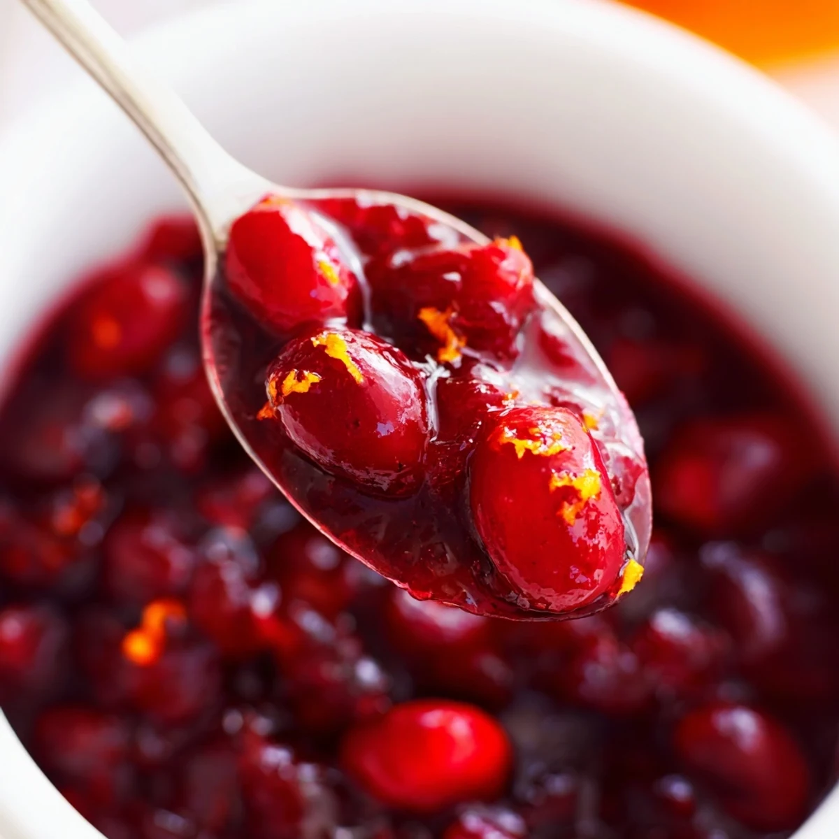 Thick ruby homemade cranberry sauce ladled into glass bowl showing whole burst cranberries