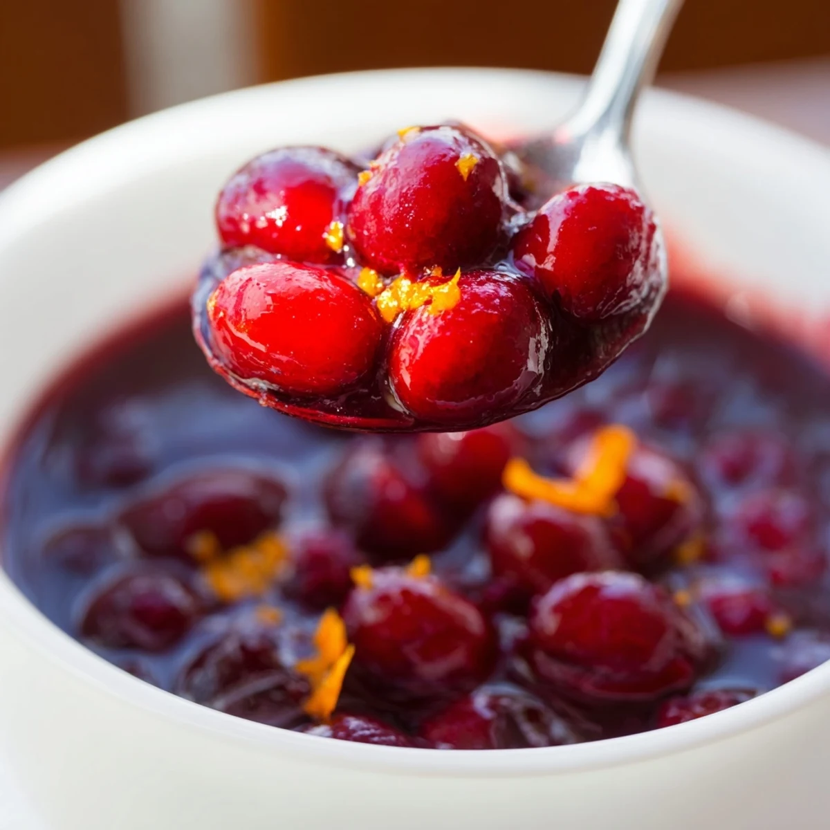 Deep red homemade cranberry sauce with orange zest garnish on wooden Thanksgiving table