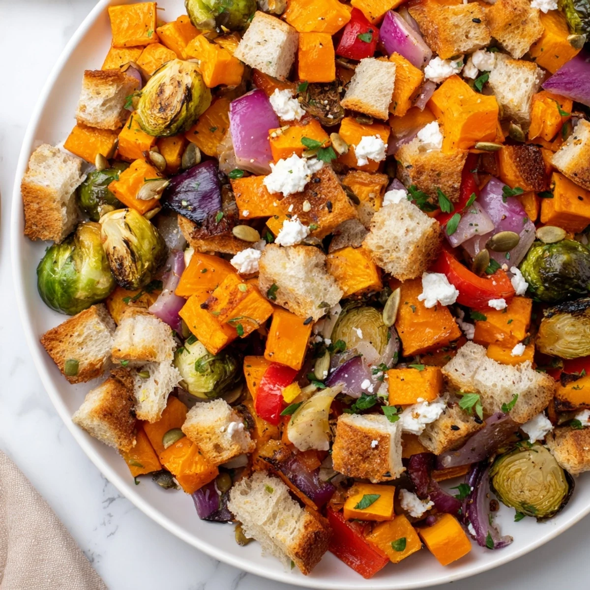 Golden roasted autumn vegetables tossed with crusty bread cubes in a colorful Fall Roasted Vegetable Panzanella Salad bowl