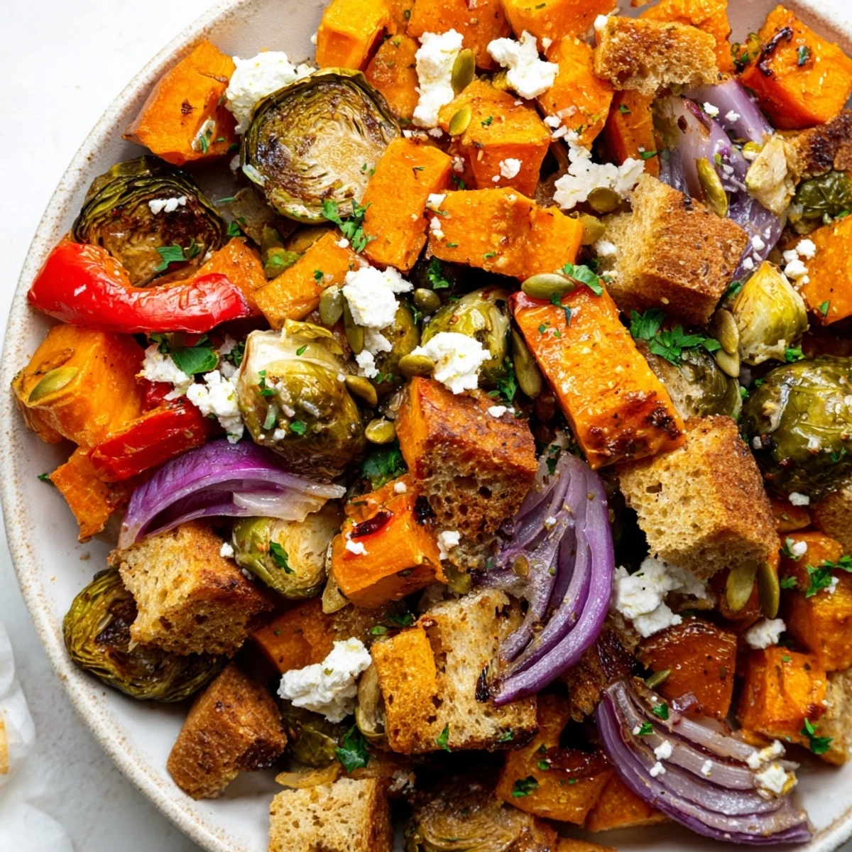 Vibrant Fall Roasted Vegetable Panzanella Salad featuring caramelized butternut squash and toasted sourdough with tangy vinaigrette