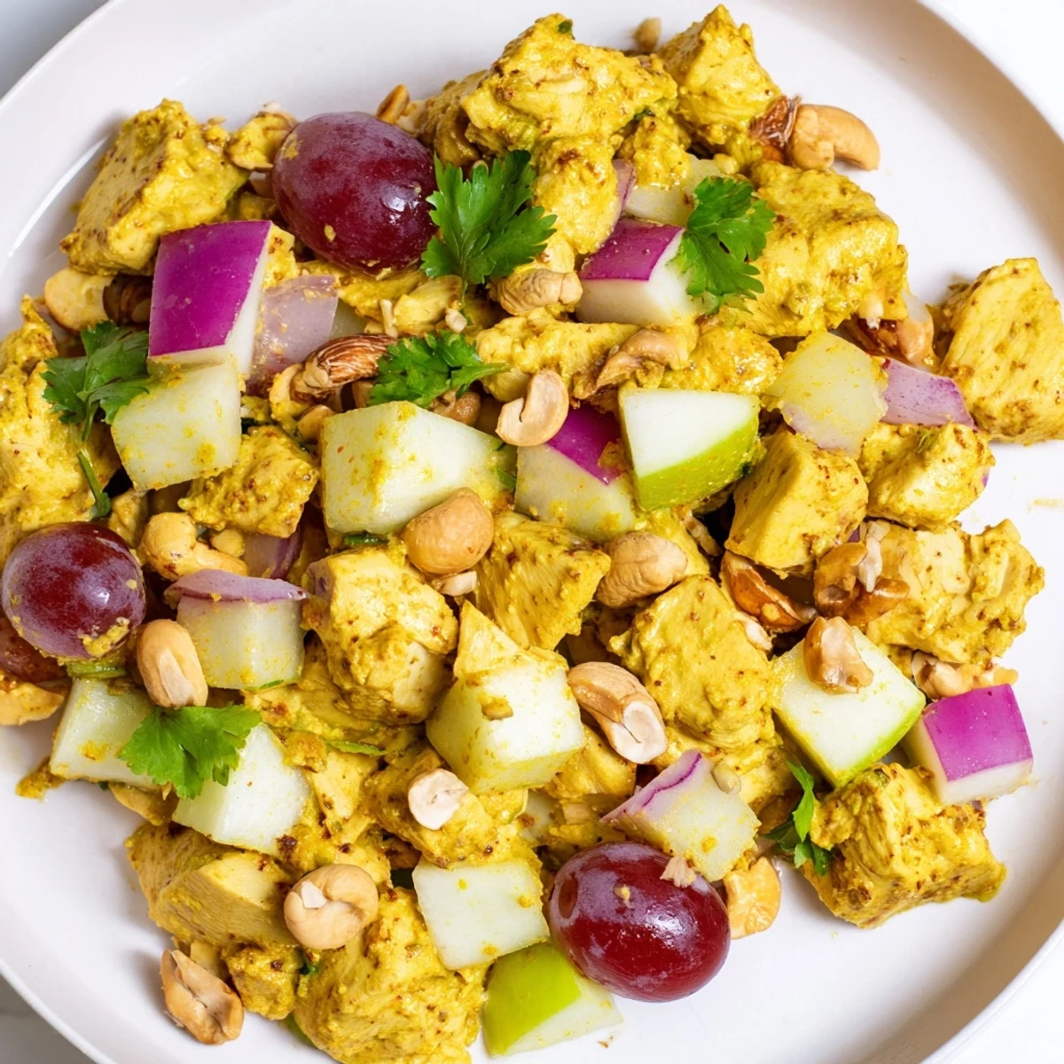 Creamy curry chicken salad served over fresh greens with toasted cashews and cilantro
