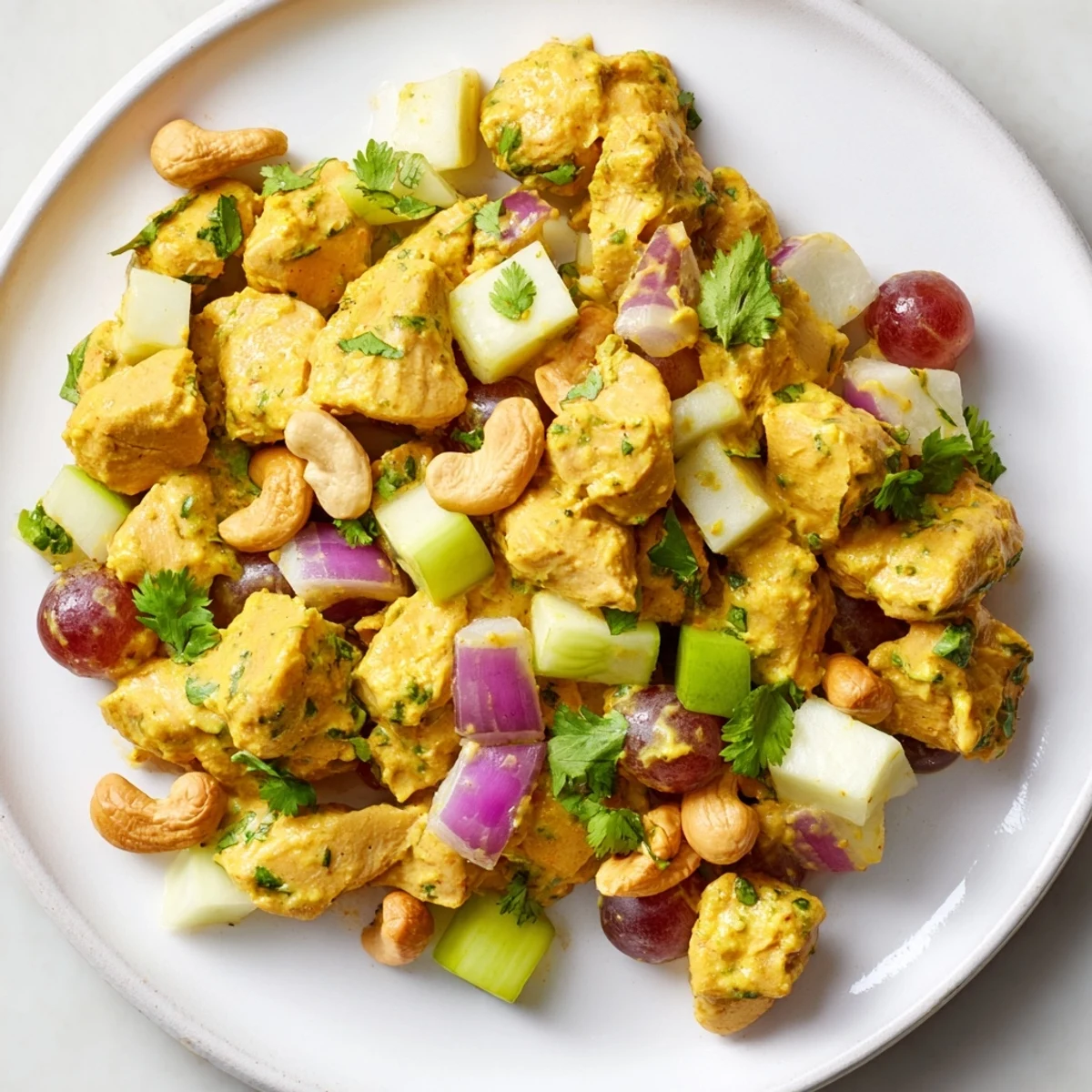Golden chicken salad studded with red grapes, crunchy celery, and creamy curry dressing