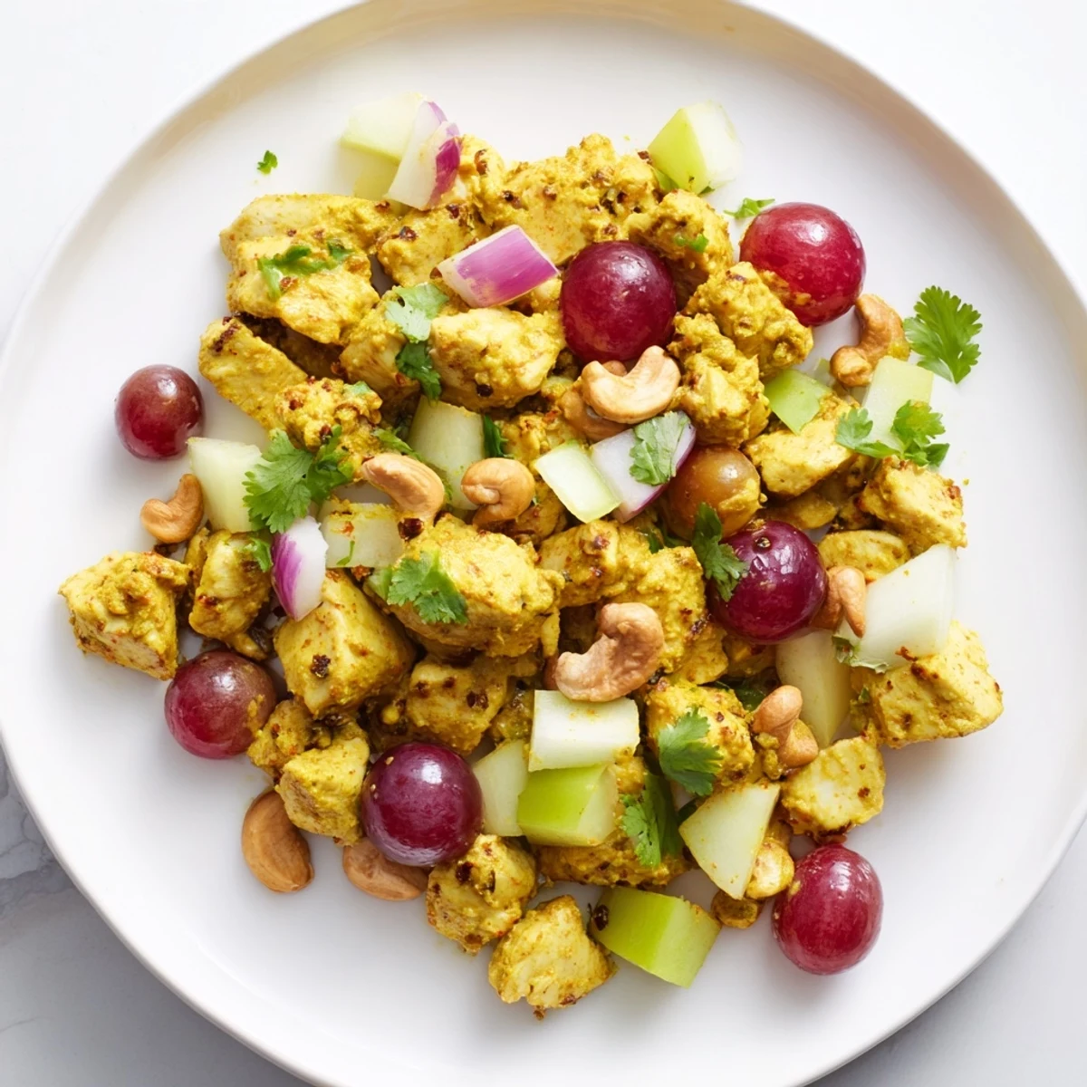 Vibrant curry chicken salad featuring diced apples, red onion, and spiced yogurt dressing