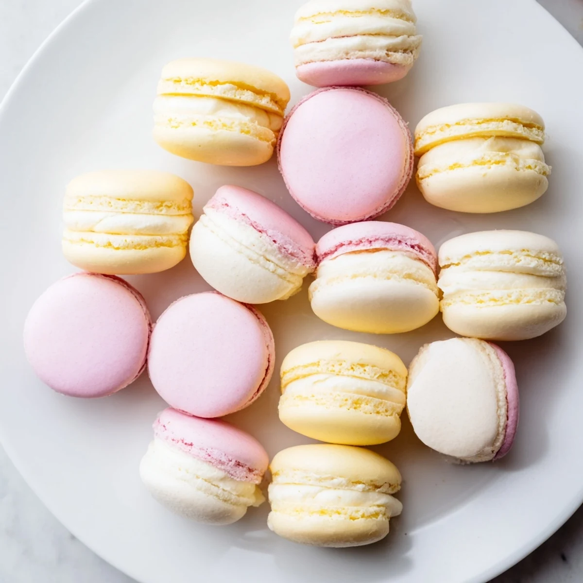 Colorful French macarons sandwiched with creamy vanilla buttercream on a white plate