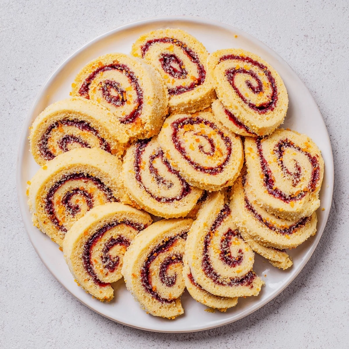 Festive orange cranberry pinwheel cookies arranged on holiday platter showing their beautiful spiral patterns