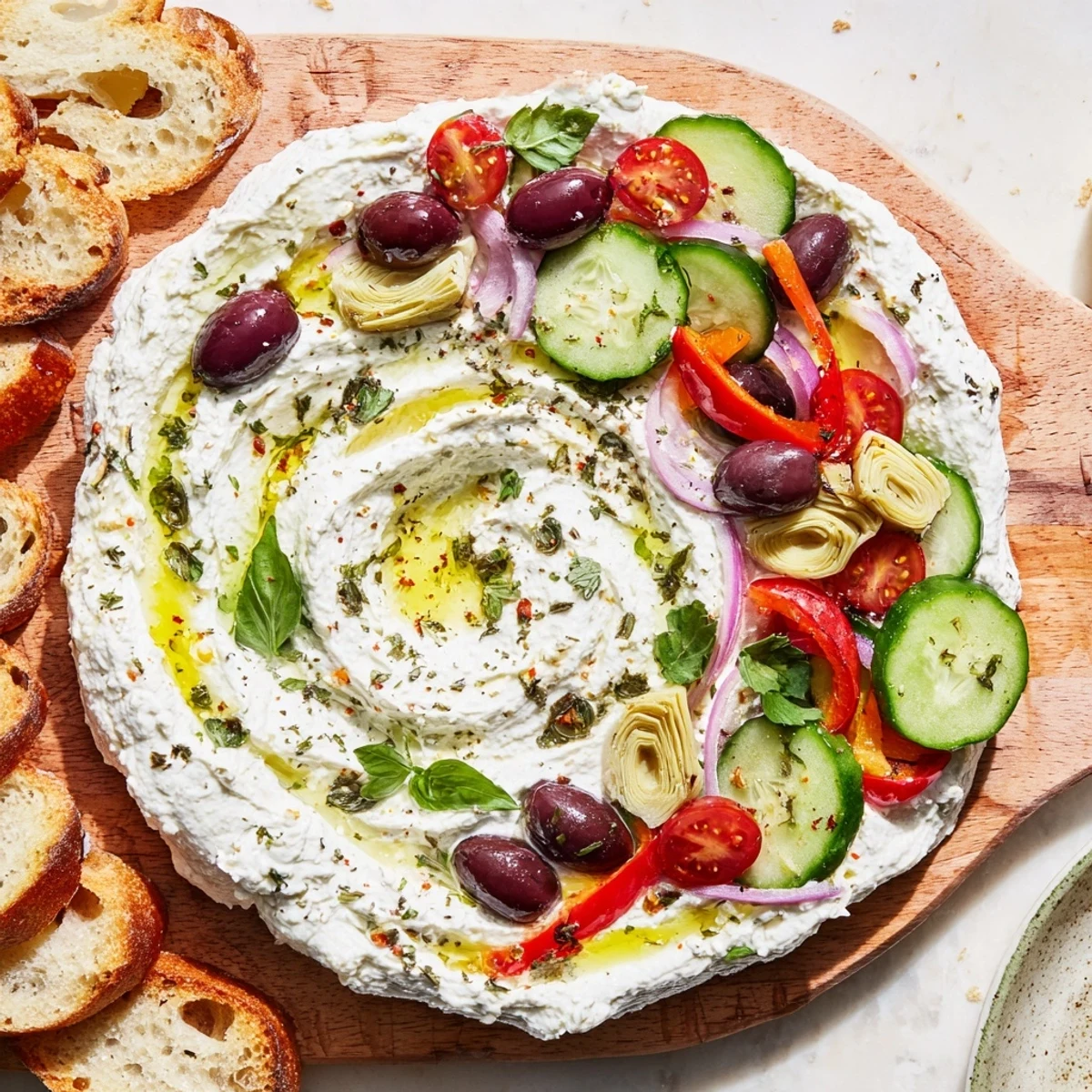 Vibrant Mediterranean ricotta board arranged with cherry tomatoes, olives, roasted peppers, and toasted baguette slices
