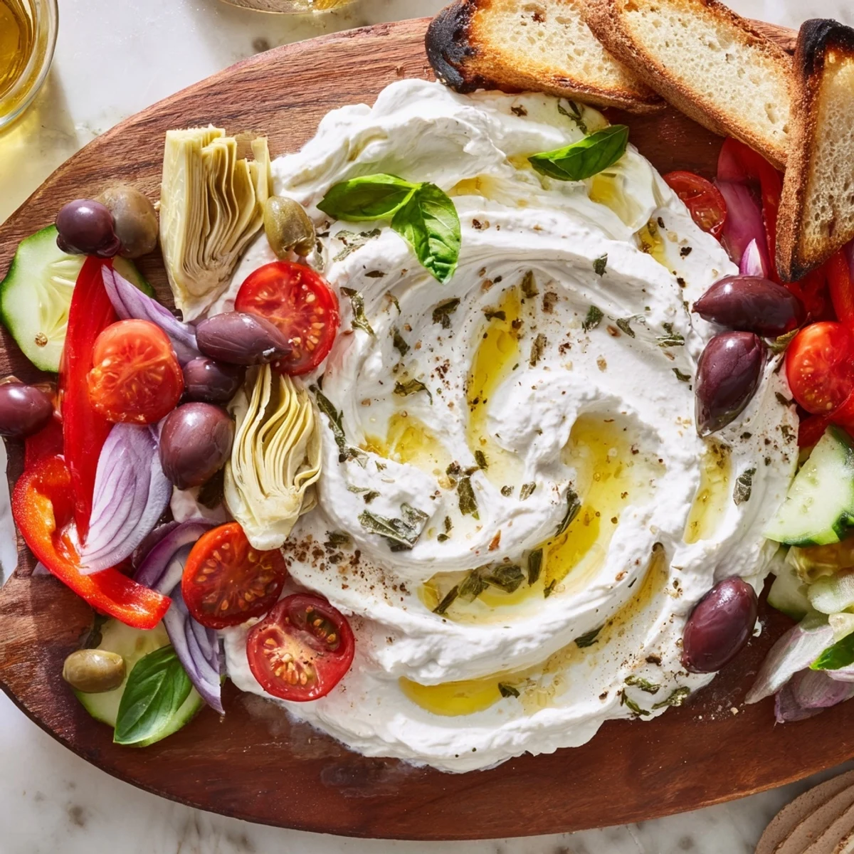 Creamy ricotta cheese spread on a wooden board surrounded by colorful Mediterranean vegetables and fresh herbs