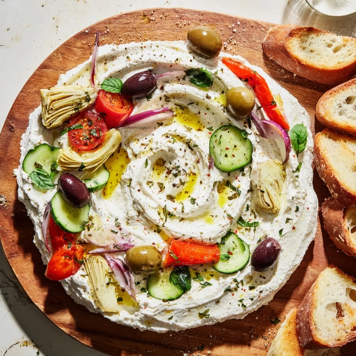 Shareable appetizer platter featuring whipped ricotta topped with lemon zest, basil, and crisp cucumber rounds