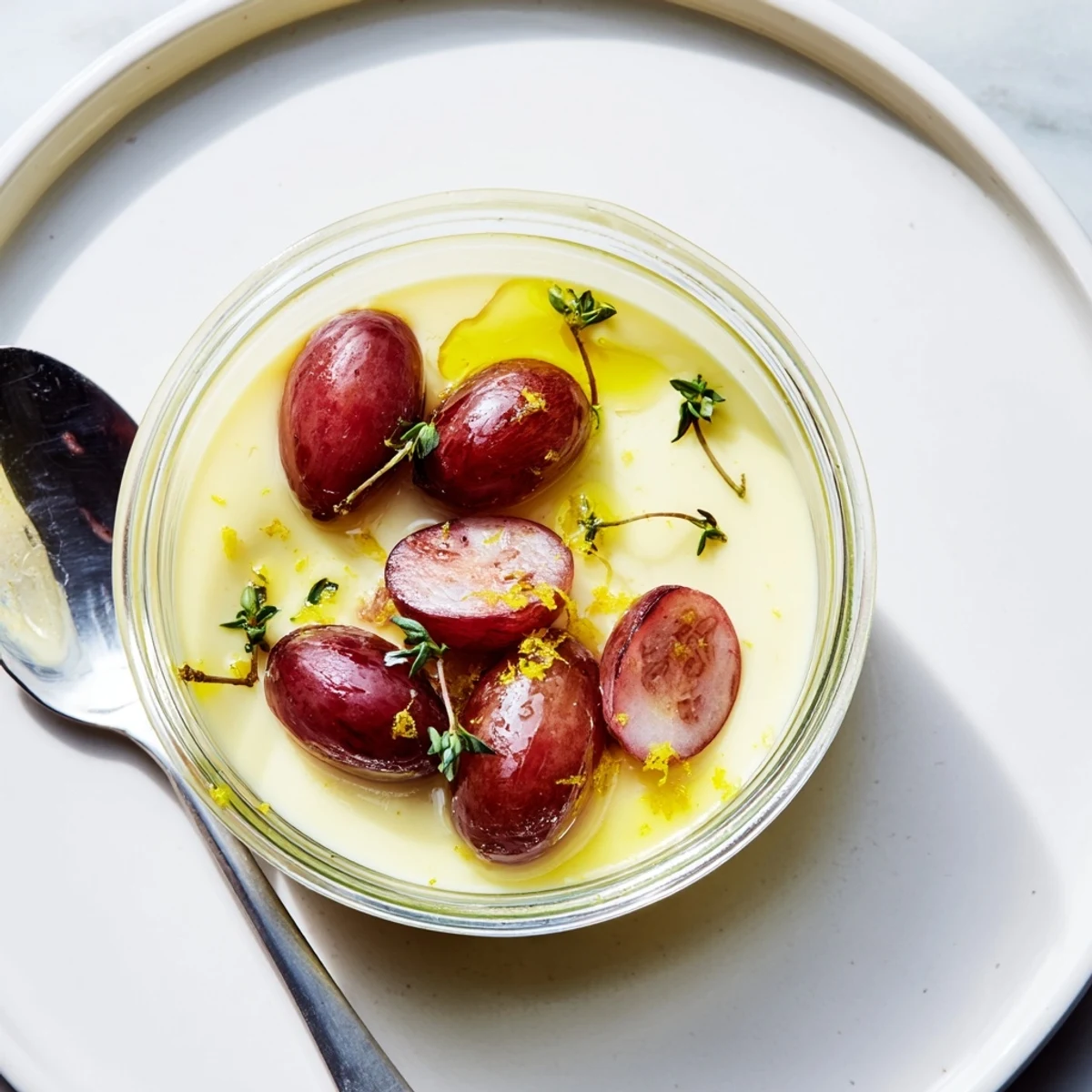 Creamy lemon panna cotta topped with roasted and fresh grapes on a white plate