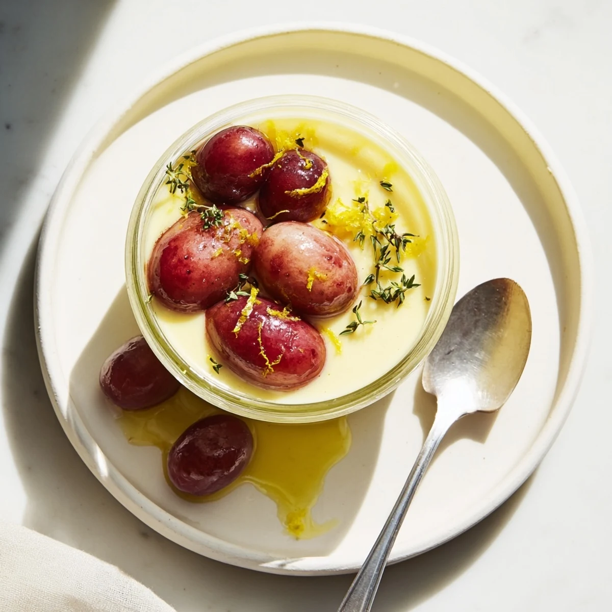 Silky lemon panna cotta dessert garnished with caramelized roasted grapes and fresh grape halves