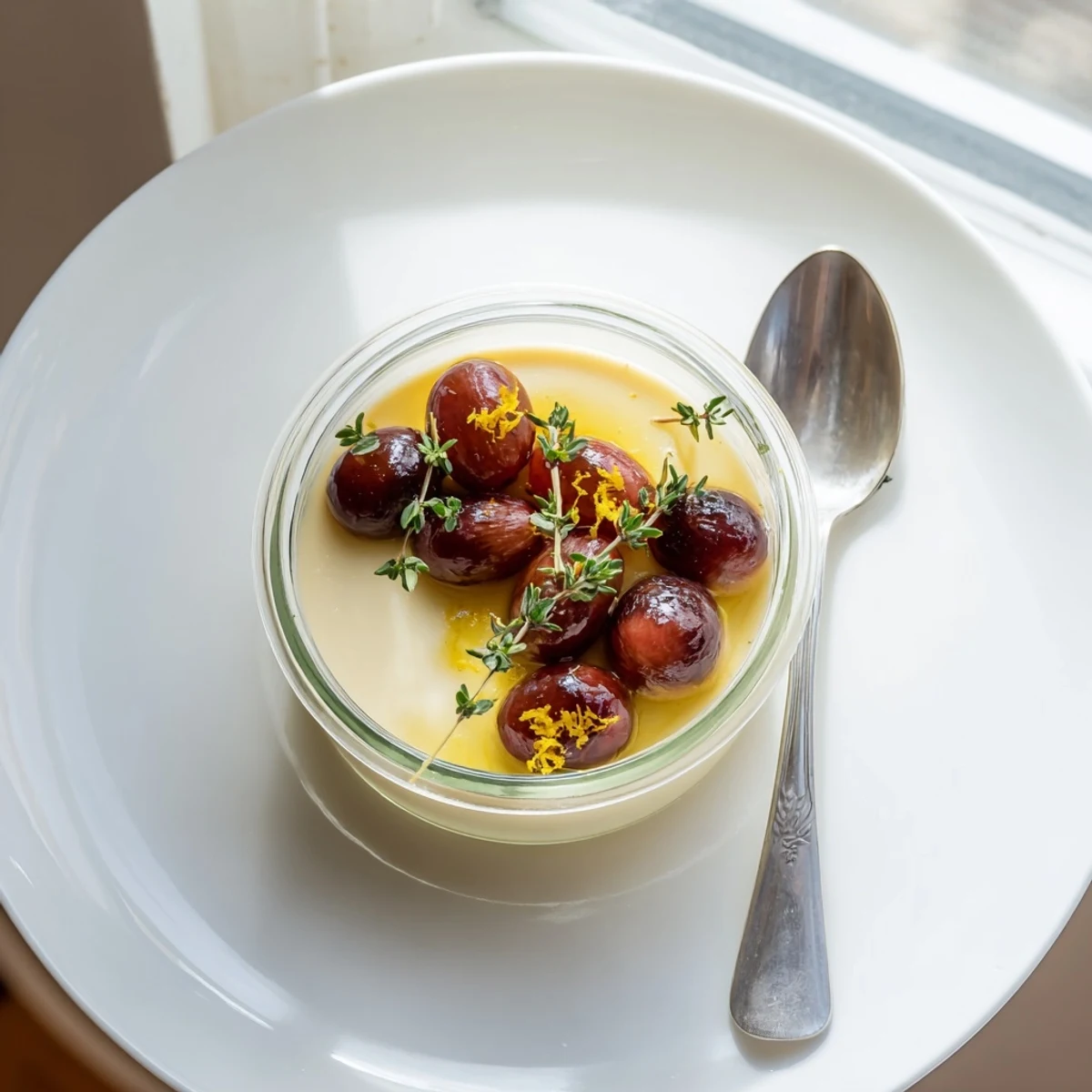 Italian lemon panna cotta served with sweet roasted grapes and fresh grape halves
